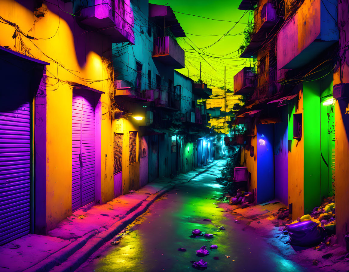 "Favela at night with neon lights"