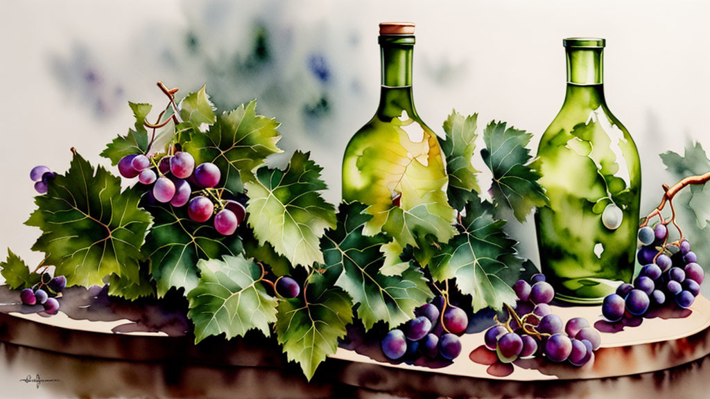 still life with grapes, wine bottle and vine leave