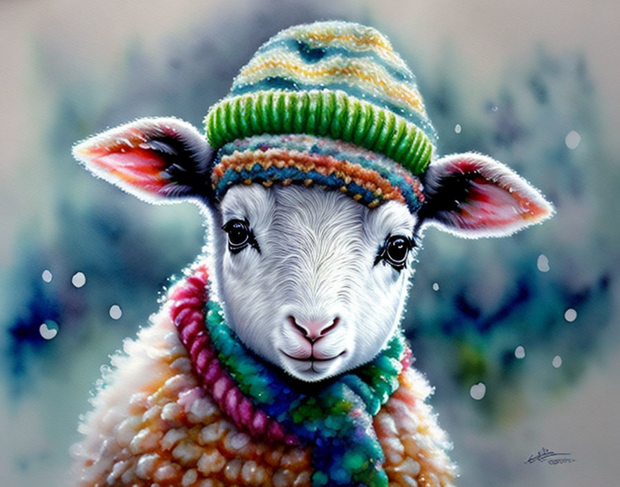 A little lamb with a bobble hat, scarf and sweater