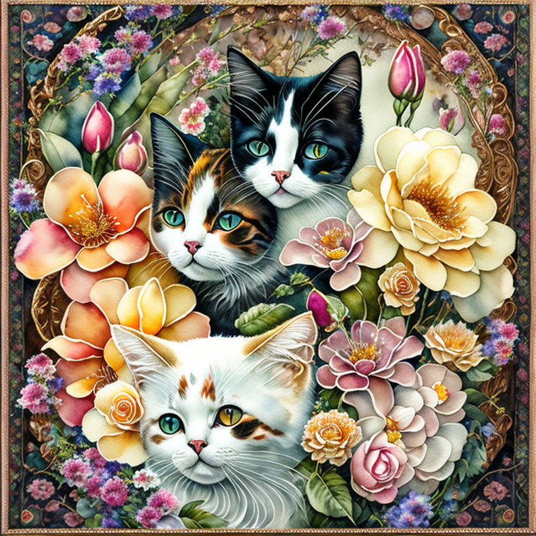 3 Katzen und Blumen