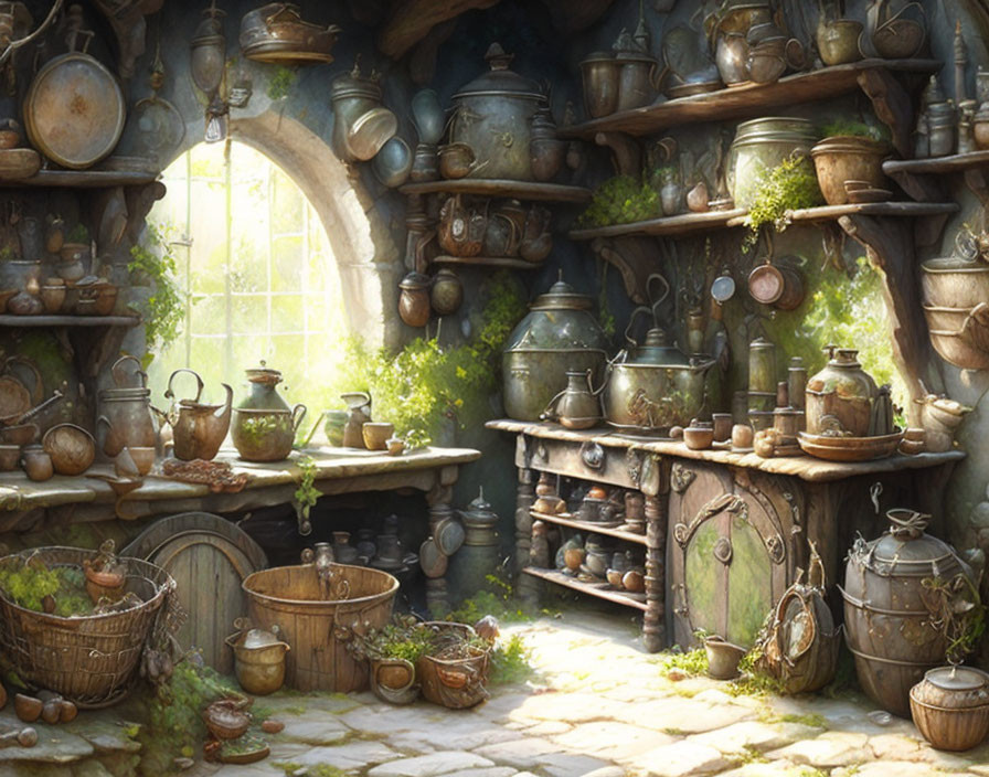 an old witch's kitchen, with herbs, pots, bottles,