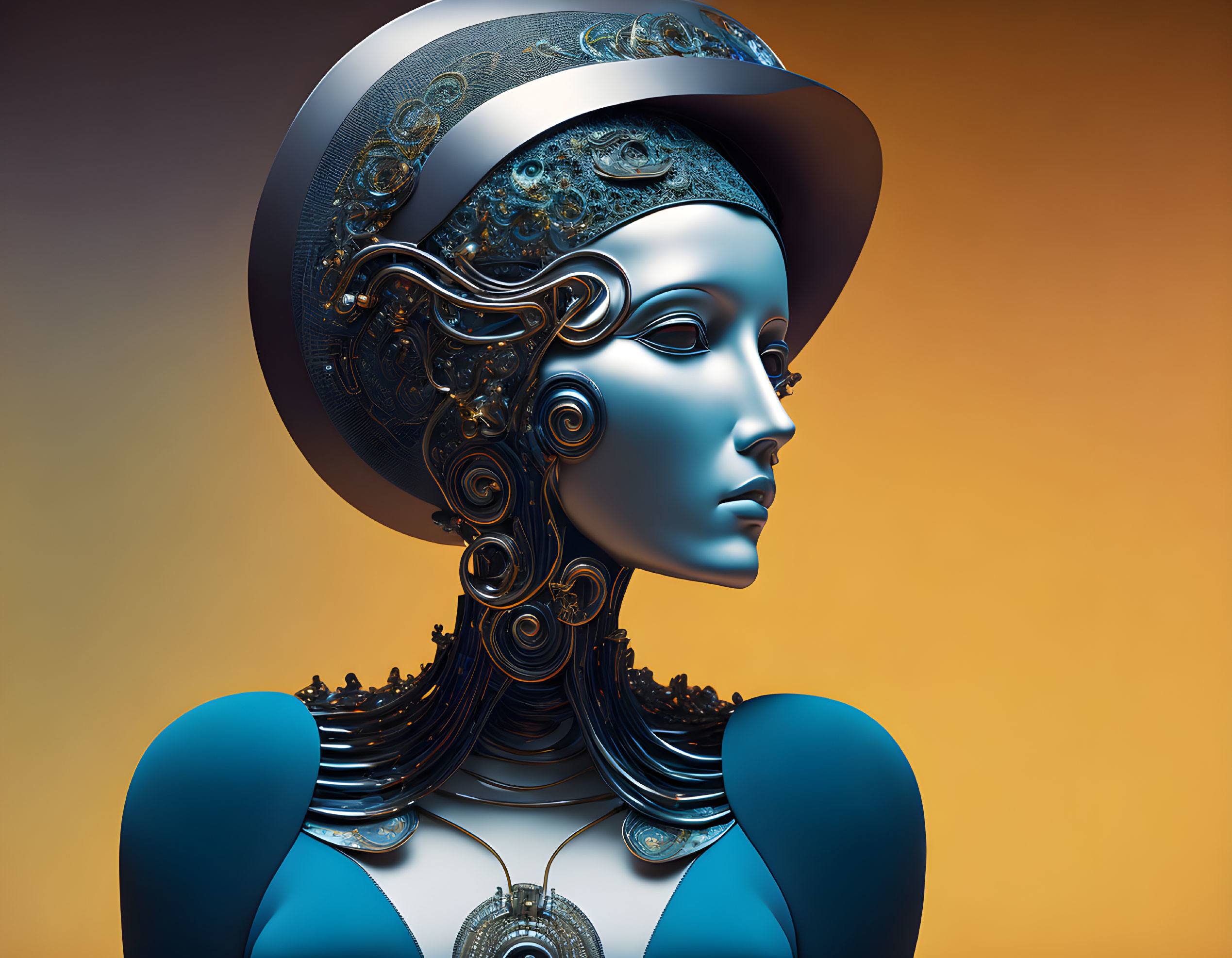 Futuristic female robot with metallic headwear on orange gradient background