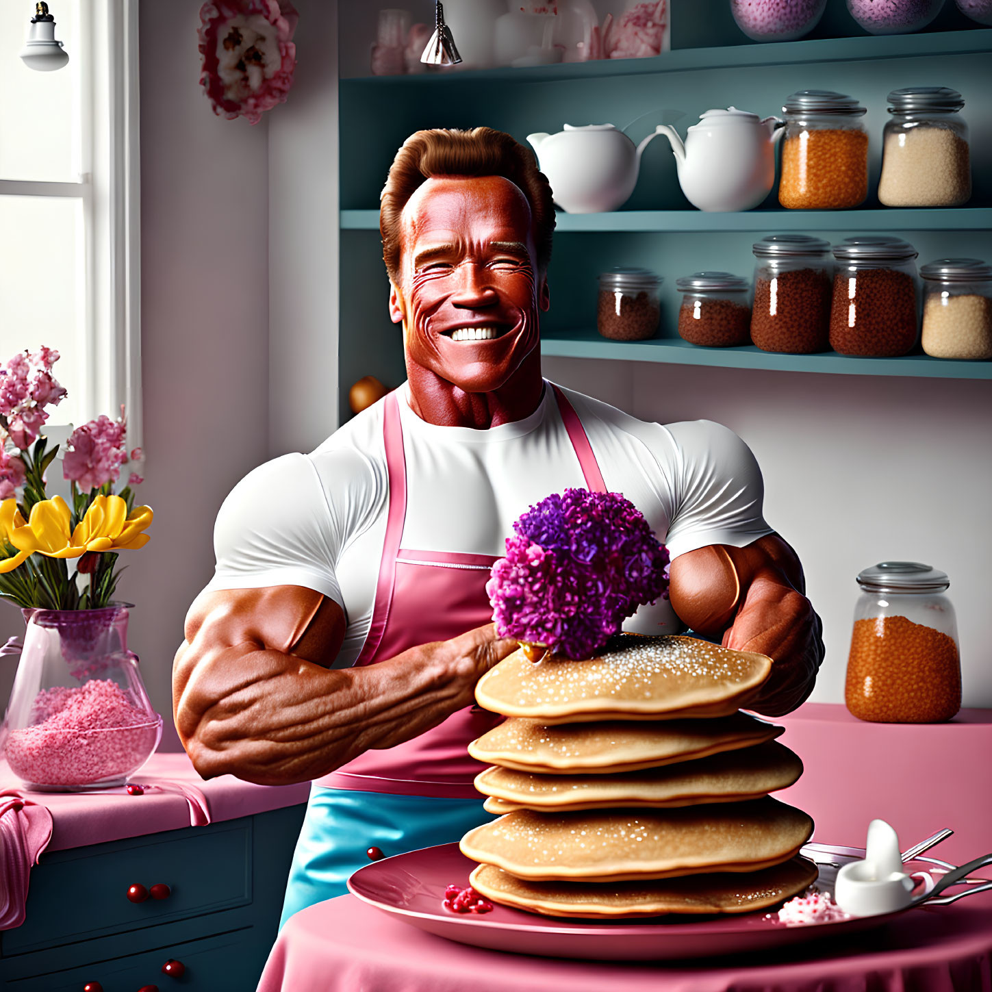 Muscular Man Smiling in Apron with Pancakes and Ingredients at Kitchen Table