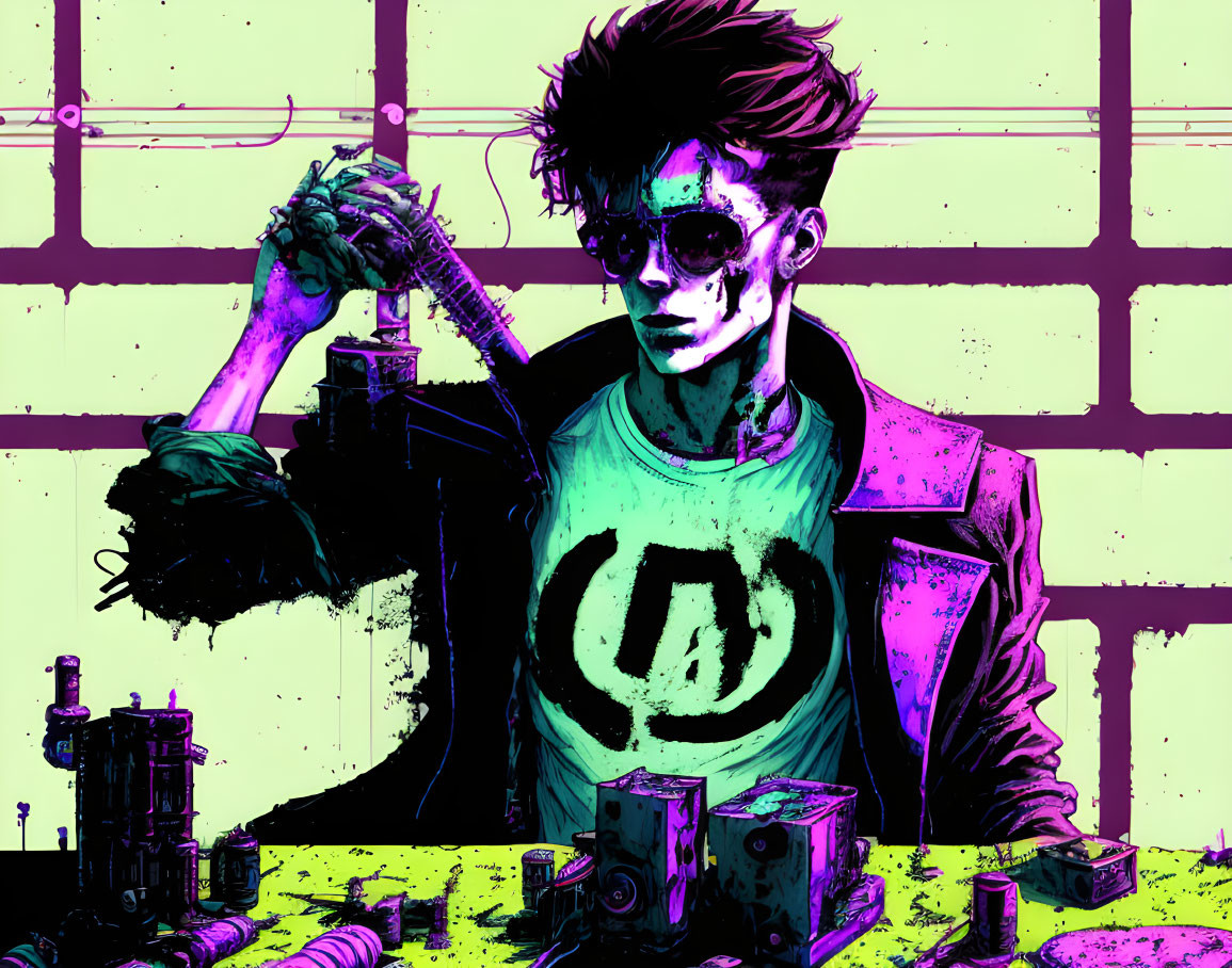 Illustration of person with cyberpunk aesthetics, glowing glasses lens, symbol t-shirt, surrounded by electronic