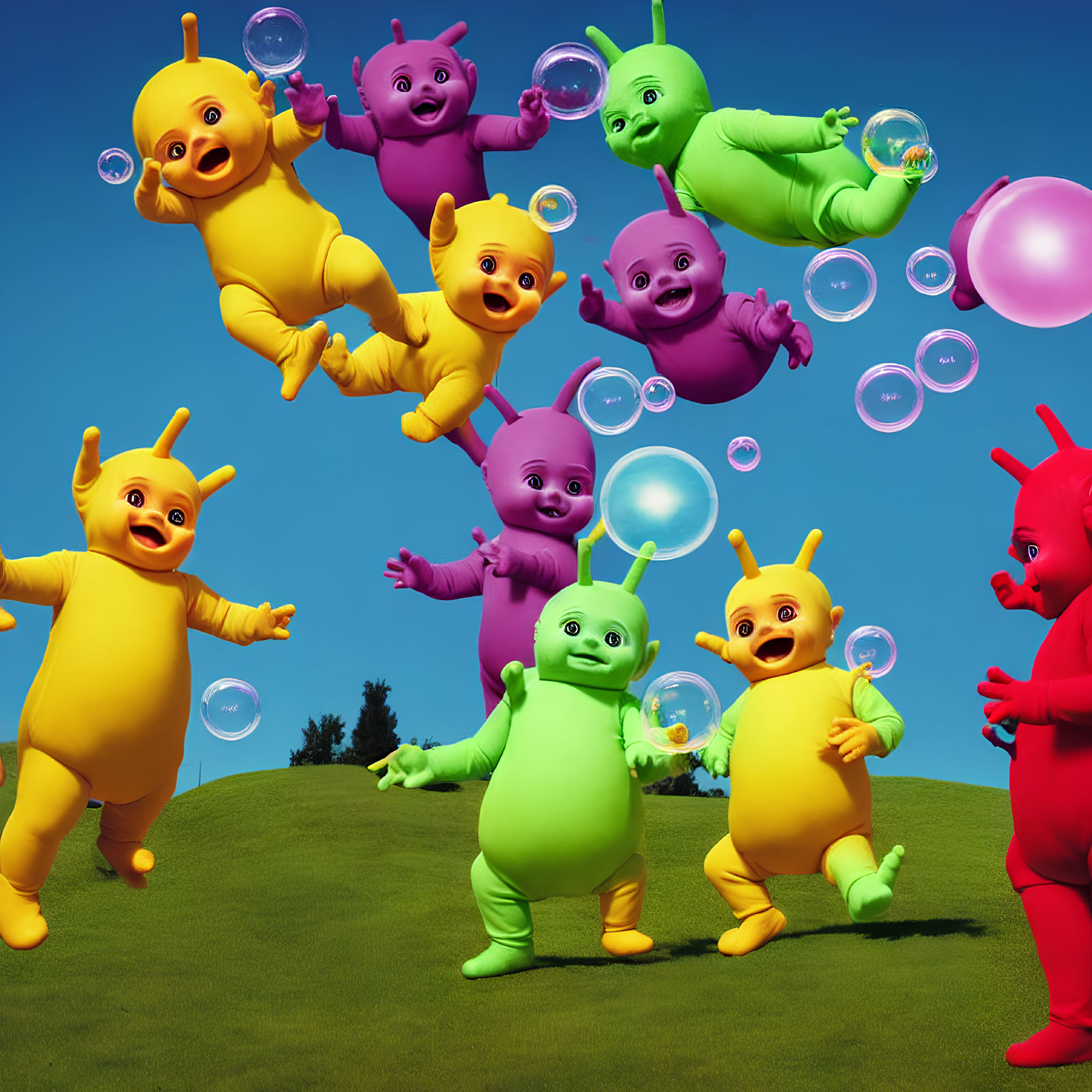 Vibrant animated baby-like characters playing with bubbles on grassy hill