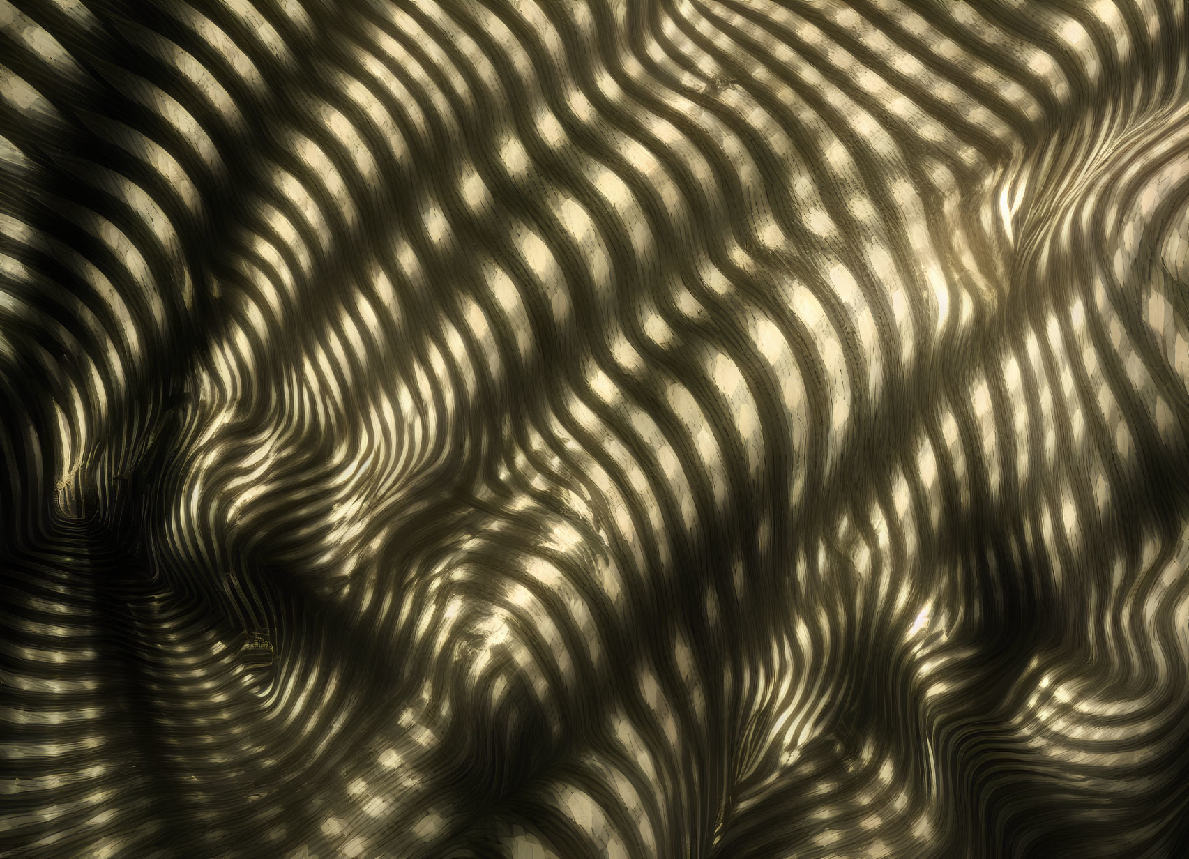 Golden wavy lines on dark background: optical illusion art.