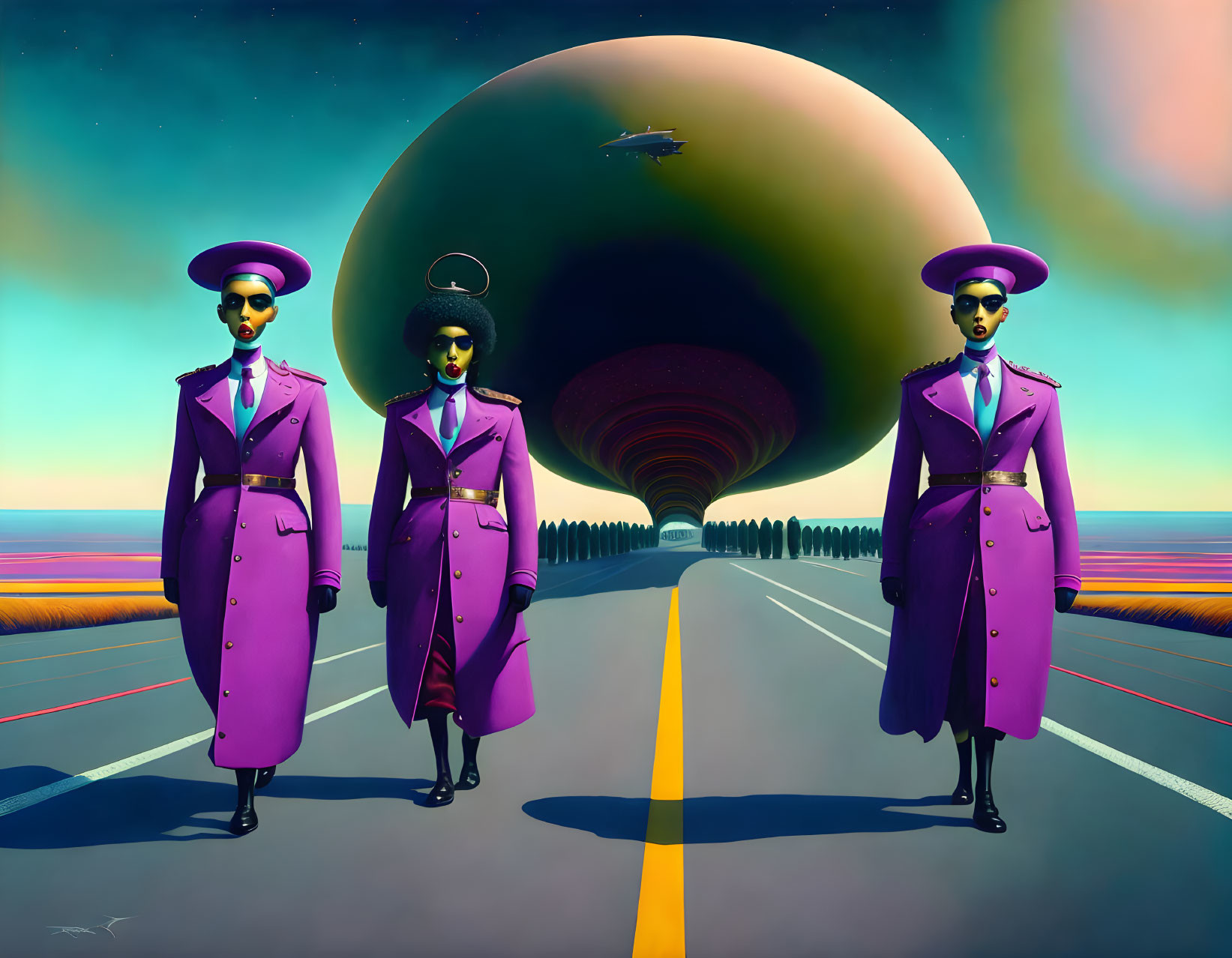 Identical Figures in Purple Coats and Hats on Road with Large Planet and Flying Saucer