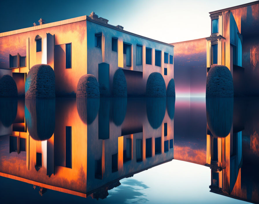 Surreal cityscape reflected in water under vibrant sky