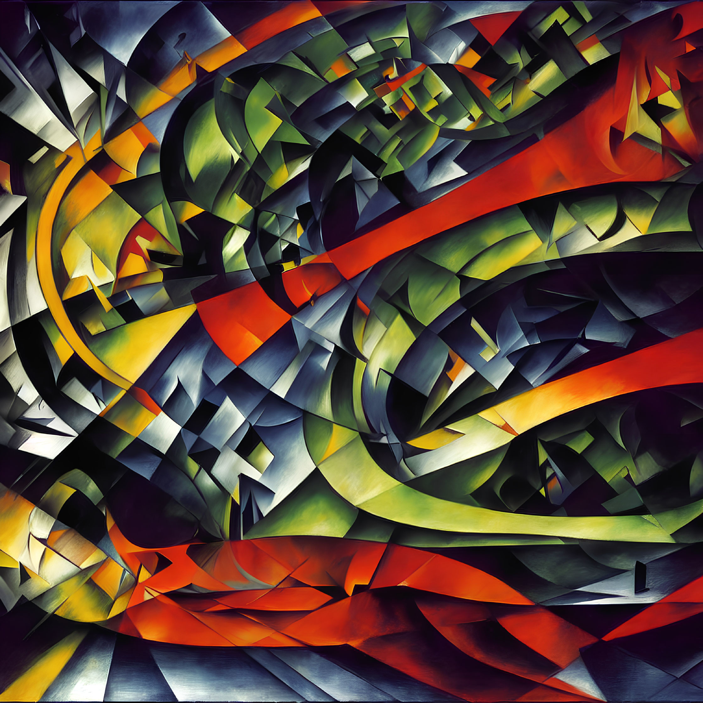 Colorful abstract geometric painting with swirling shapes and sharp angles in red, green, yellow, and black