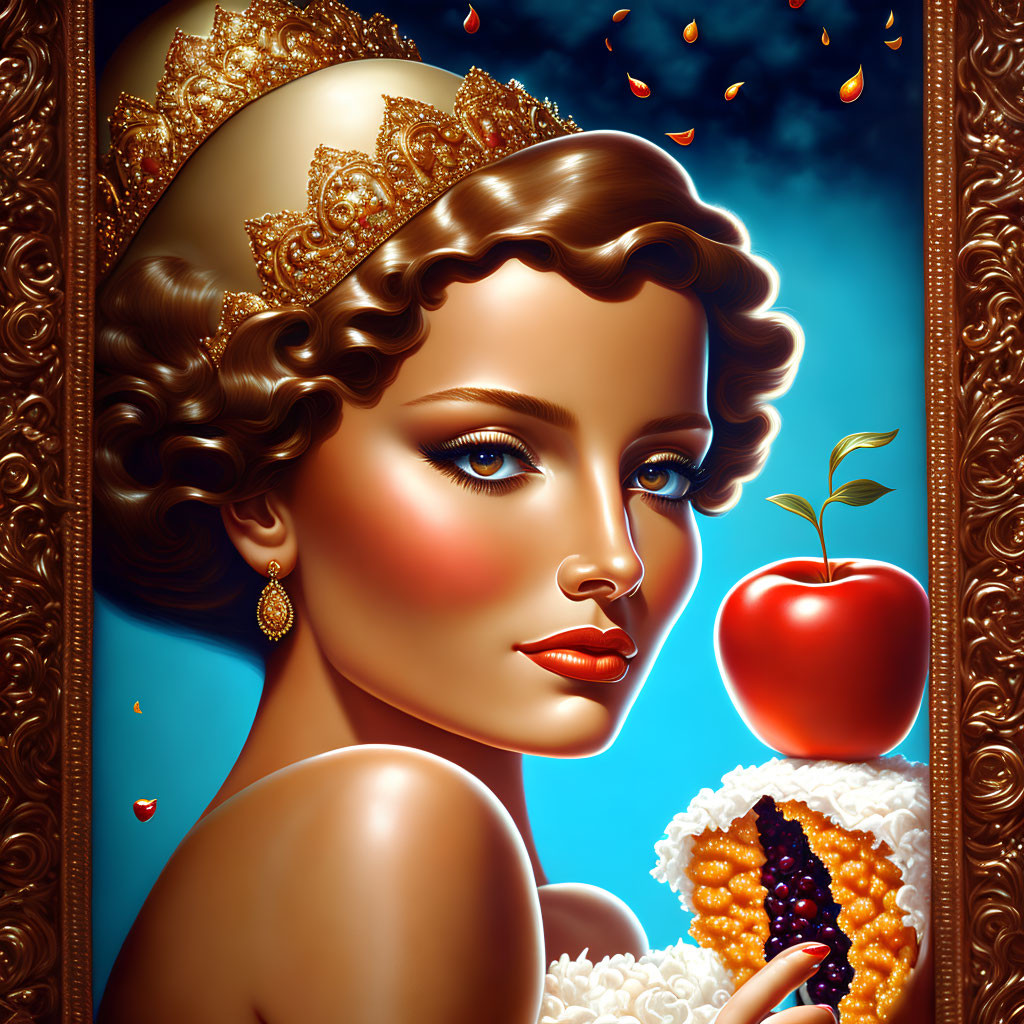 Stylized portrait of woman with vintage hairstyle, tiara, red apple, and ornate gold