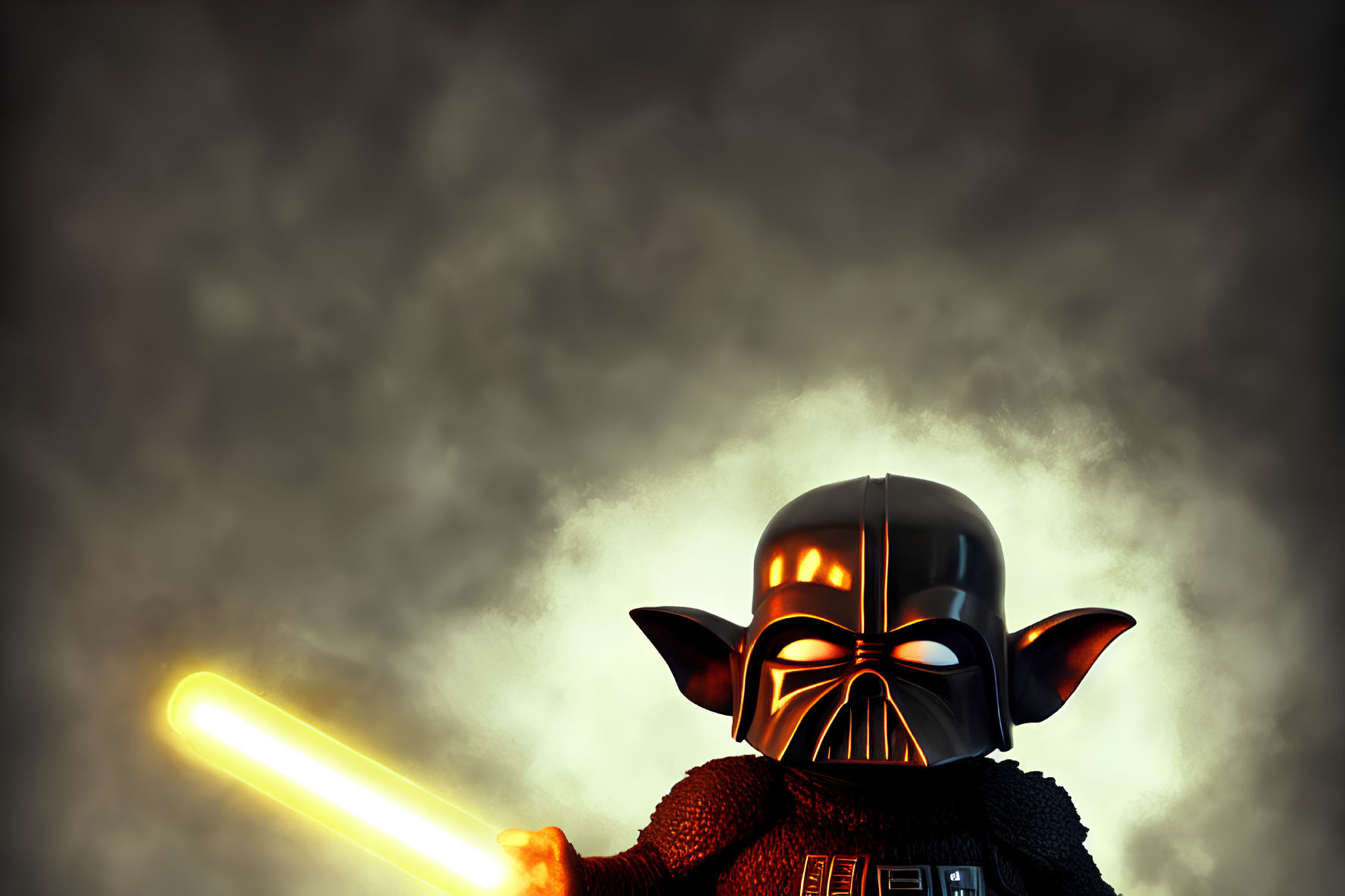 Pop culture character in dark armor wields yellow lightsaber in dramatic scene