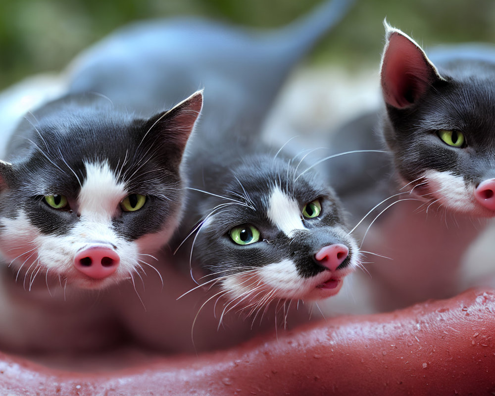 Three cats with pig-like features looking at the camera against blurred background