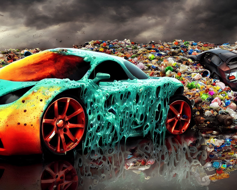 Colorful sports car covered in slime next to buried car in trash heap under stormy sky