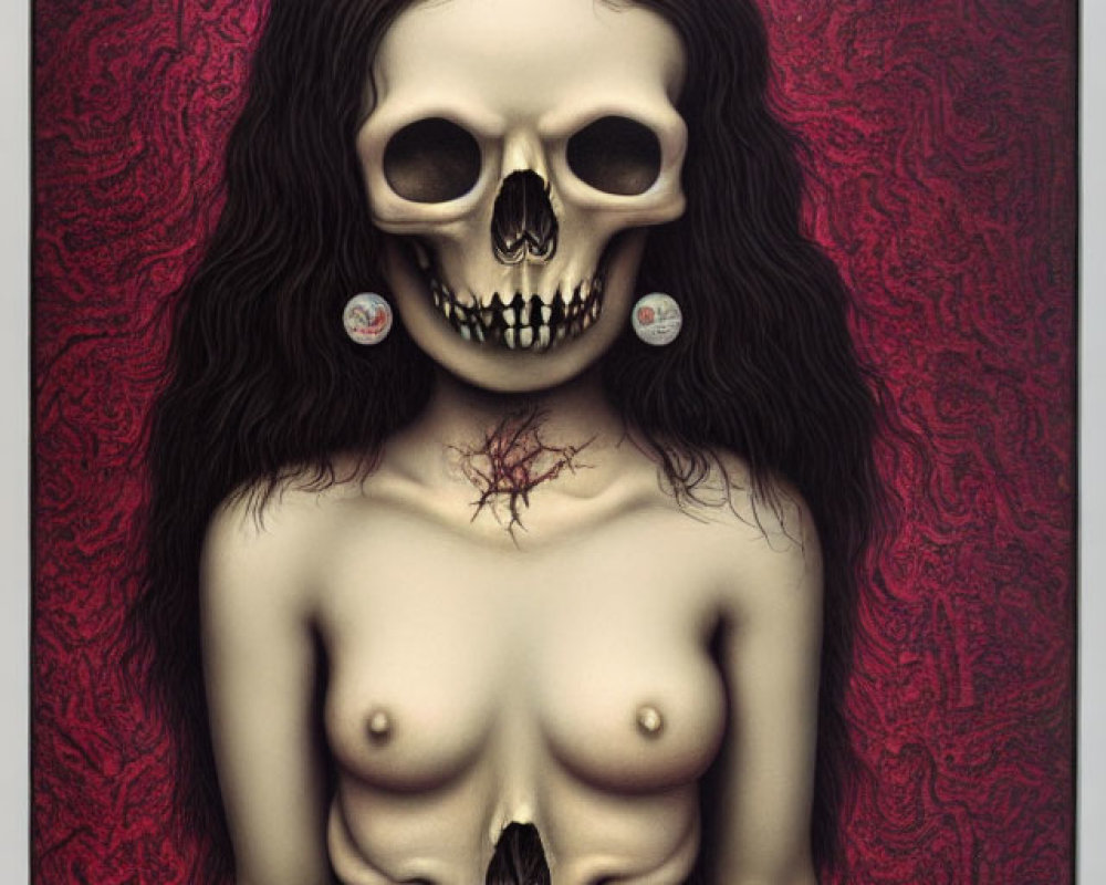 Skeletal-faced figure with black hair holding heart ornament on red background