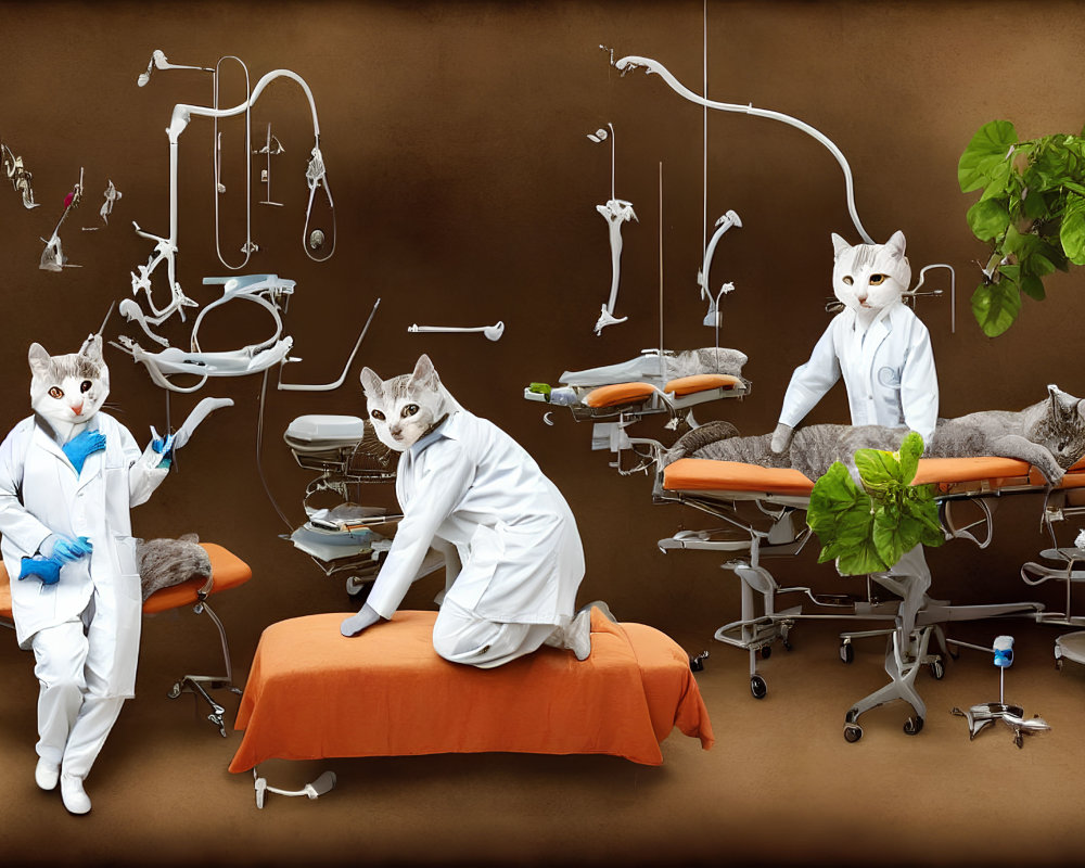 Cat-like human dentists in clinic with patient and equipment