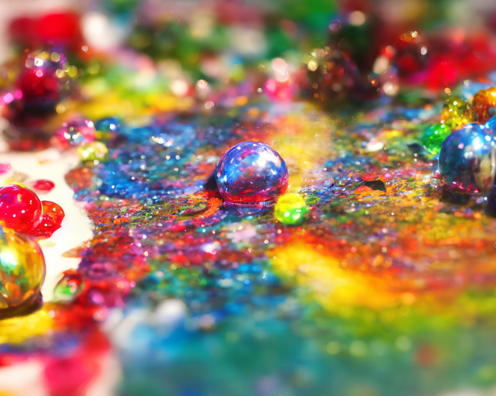 Colorful Marbles and Spilled Paint Create Abstract Scene
