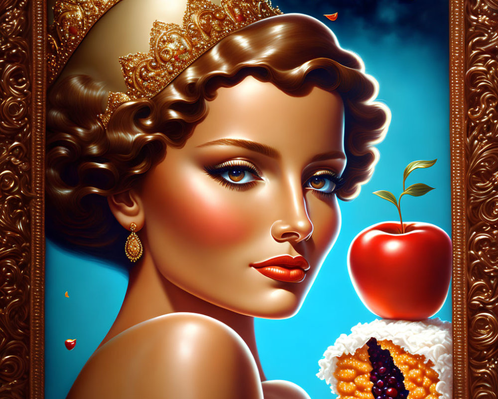 Stylized portrait of woman with vintage hairstyle, tiara, red apple, and ornate gold