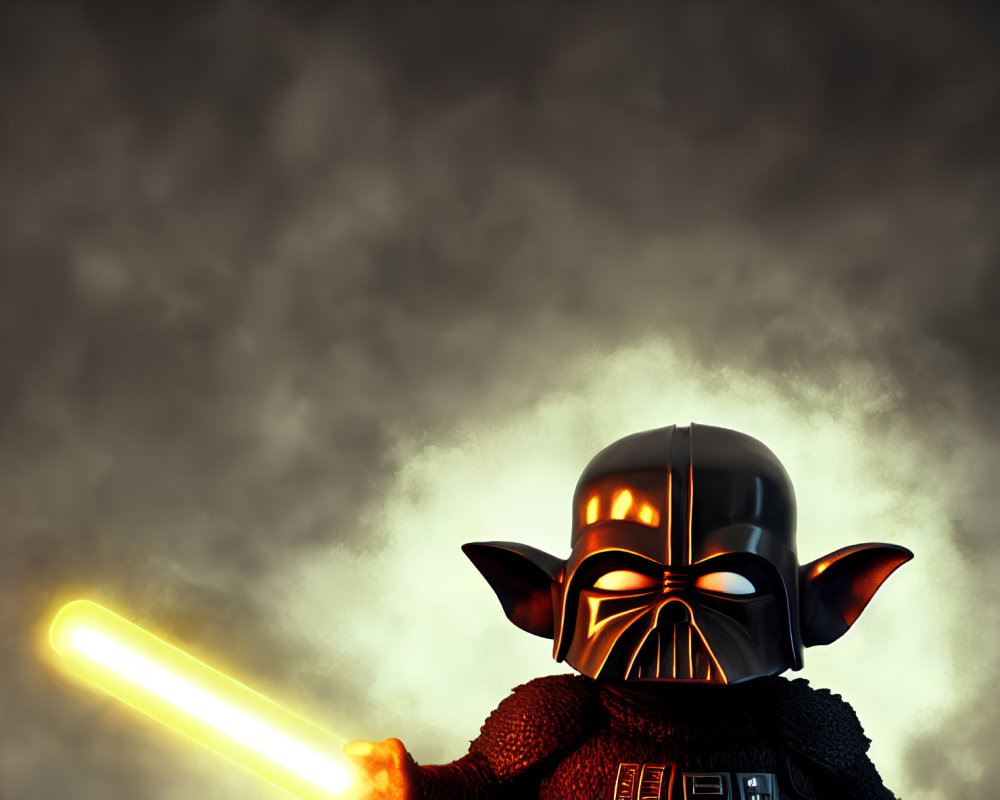 Pop culture character in dark armor wields yellow lightsaber in dramatic scene
