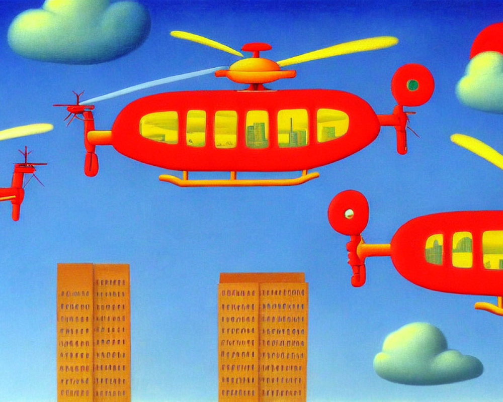 Colorful Painting of Yellow Helicopters Flying over Cityscape