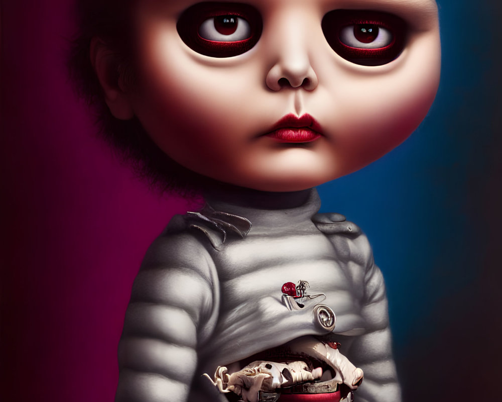 Child illustration with oversized dark-rimmed eyes and somber expression in grey outfit with cartoon animal skull