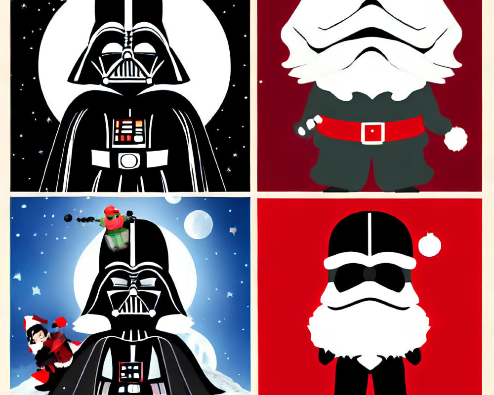 Stylized Darth Vader and Stormtrooper in Christmas-themed outfits on holiday backdrops