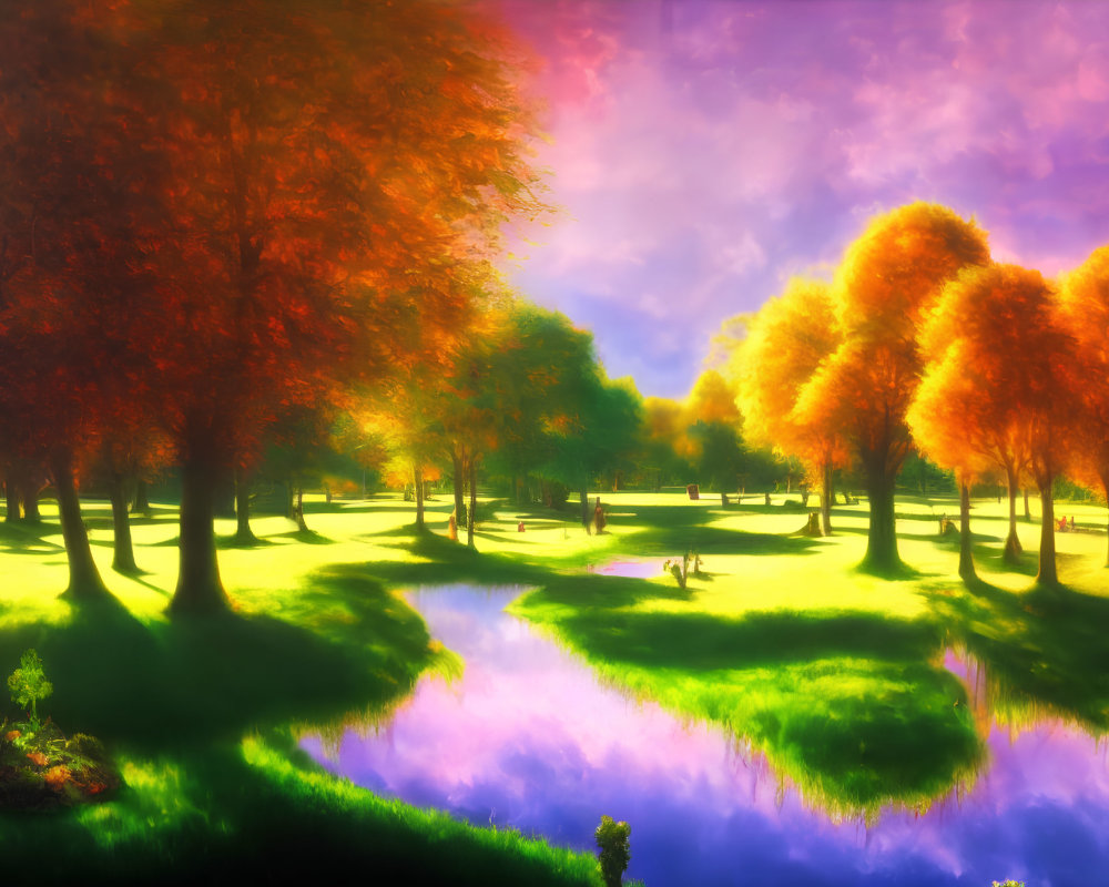 Scenic autumn landscape with blue river, orange trees, and colorful sky