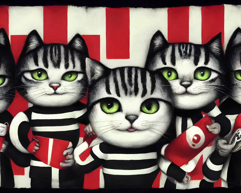 Five cartoon cats with black and white stripes and green eyes on red and white striped background