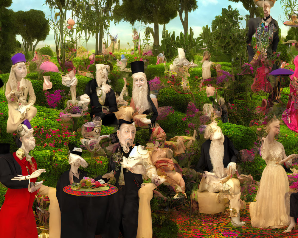 Vibrant surreal garden with historical costumes, exotic animals, and fruits