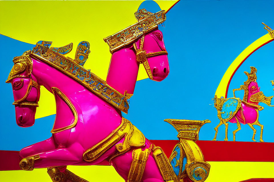 Colorful sculpture featuring magenta horse and golden warrior on abstract background