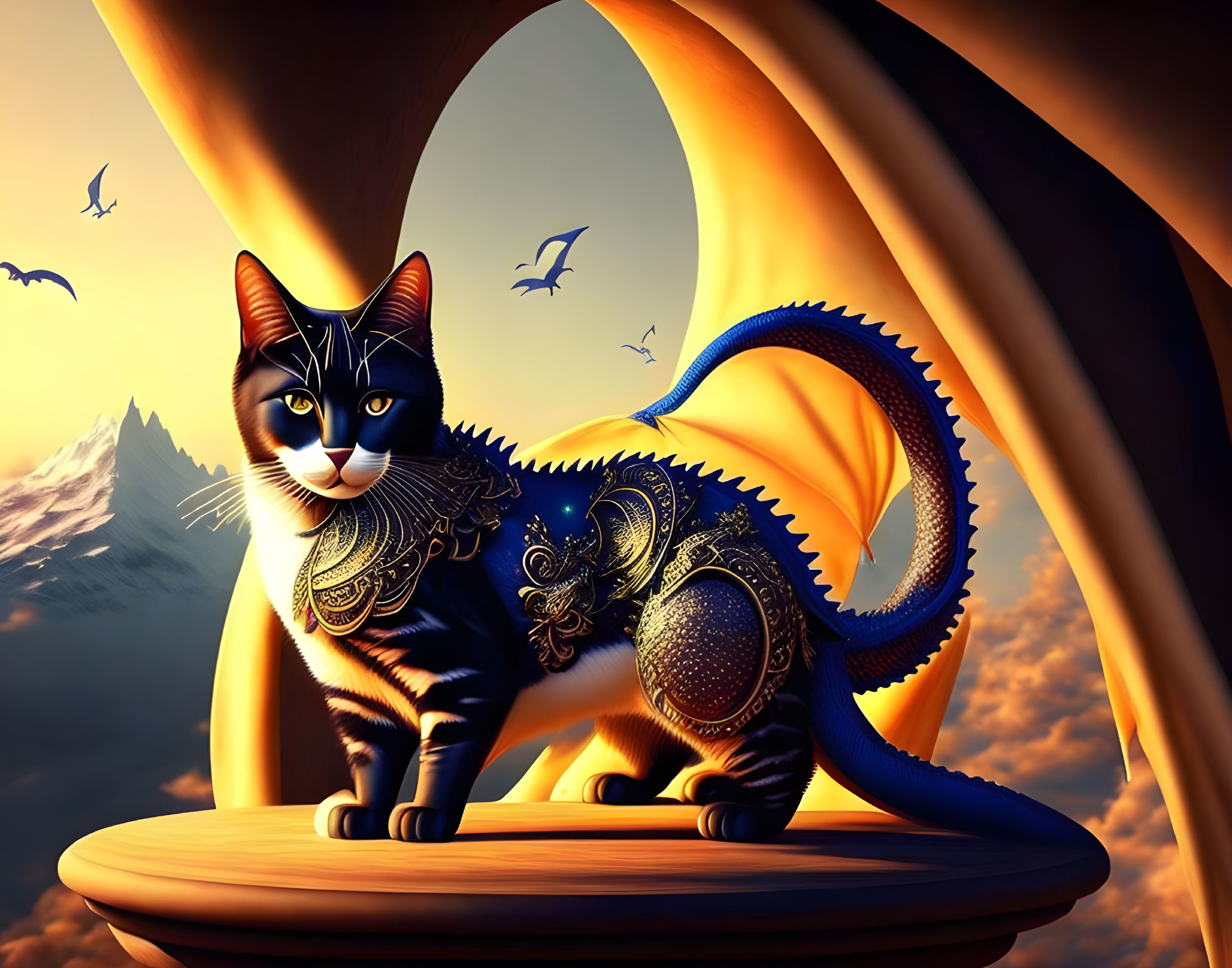 Fantasy-inspired cat with ornate patterns and dragon-like tail in sunset setting