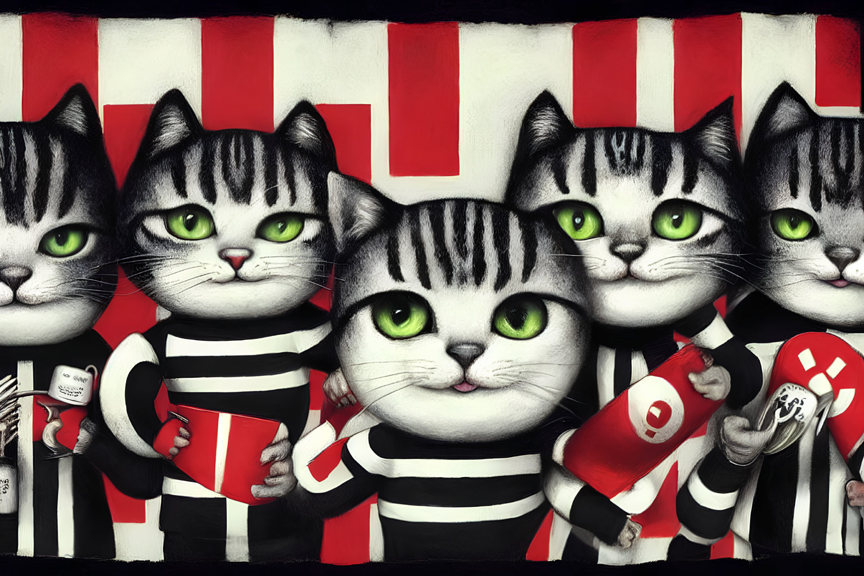 Five cartoon cats with black and white stripes and green eyes on red and white striped background