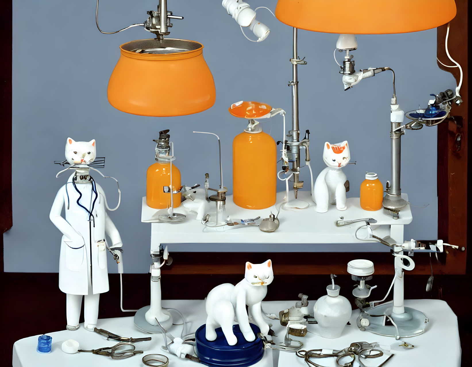 Surreal anthropomorphic white cat figurines in laboratory setting