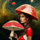 Woman with Mushroom-Shaped Umbrella in Starry Scene