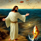 Bearded person in white robe by the sea with flying fish and birds