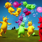 Vibrant animated baby-like characters playing with bubbles on grassy hill