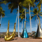 Reflective Giant Brass Instruments Among Palm Trees under Blue Sky