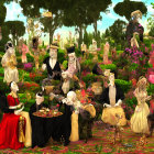 Colorful Garden Scene with Eclectic Characters and Surreal Elements