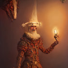 Regal man in gold and red costume with dragon helmet holds lantern in misty golden light