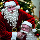 Two Cartoonish Santa Claus Figures by Christmas Tree