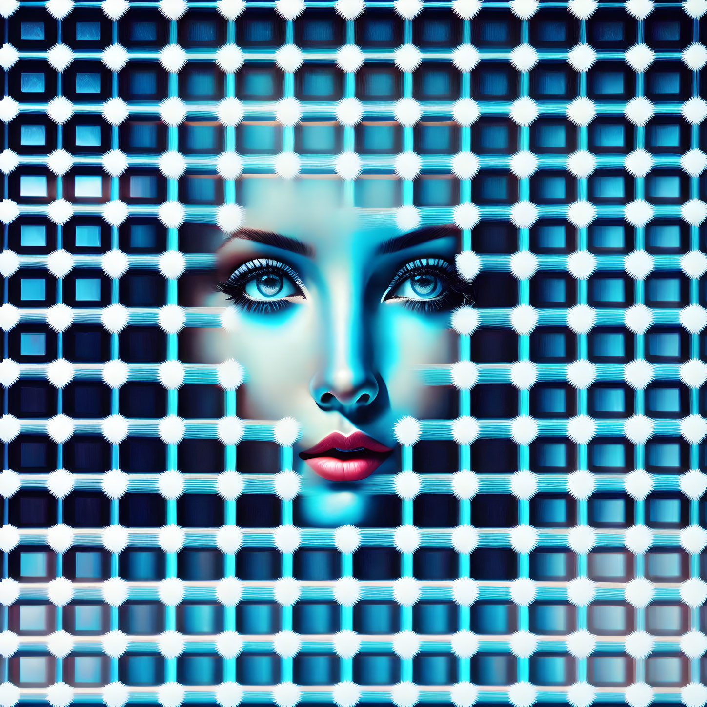 Digital art: Woman's face with glowing blue eyes merges with blue and white geometric pattern