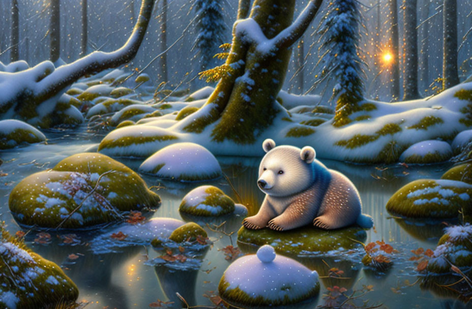A little bear in the frozen water