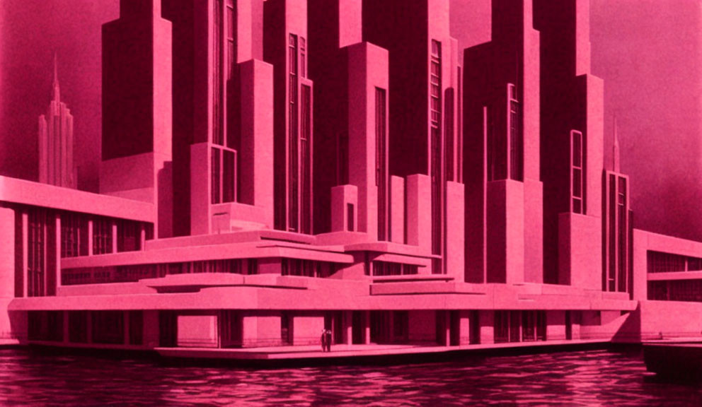 Monochromatic red futuristic cityscape with stylized skyscrapers and waterfront architecture.
