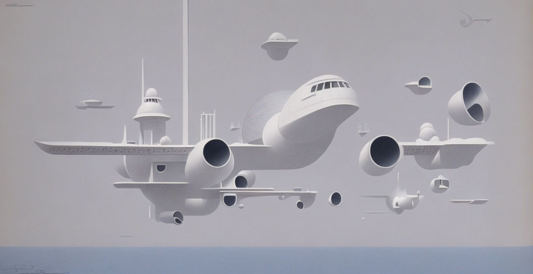 Futuristic grayscale artwork of flying vehicles and sleek retro-futuristic structures