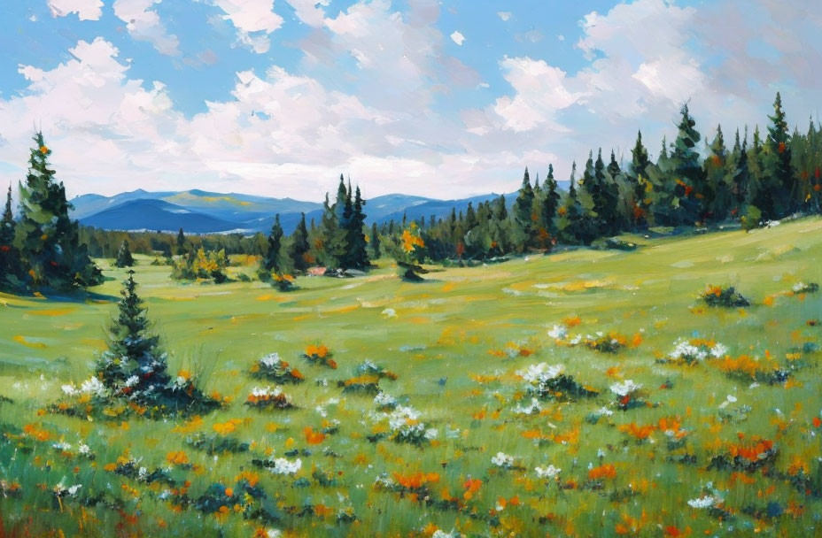Colorful meadow painting with wildflowers, trees, and blue sky
