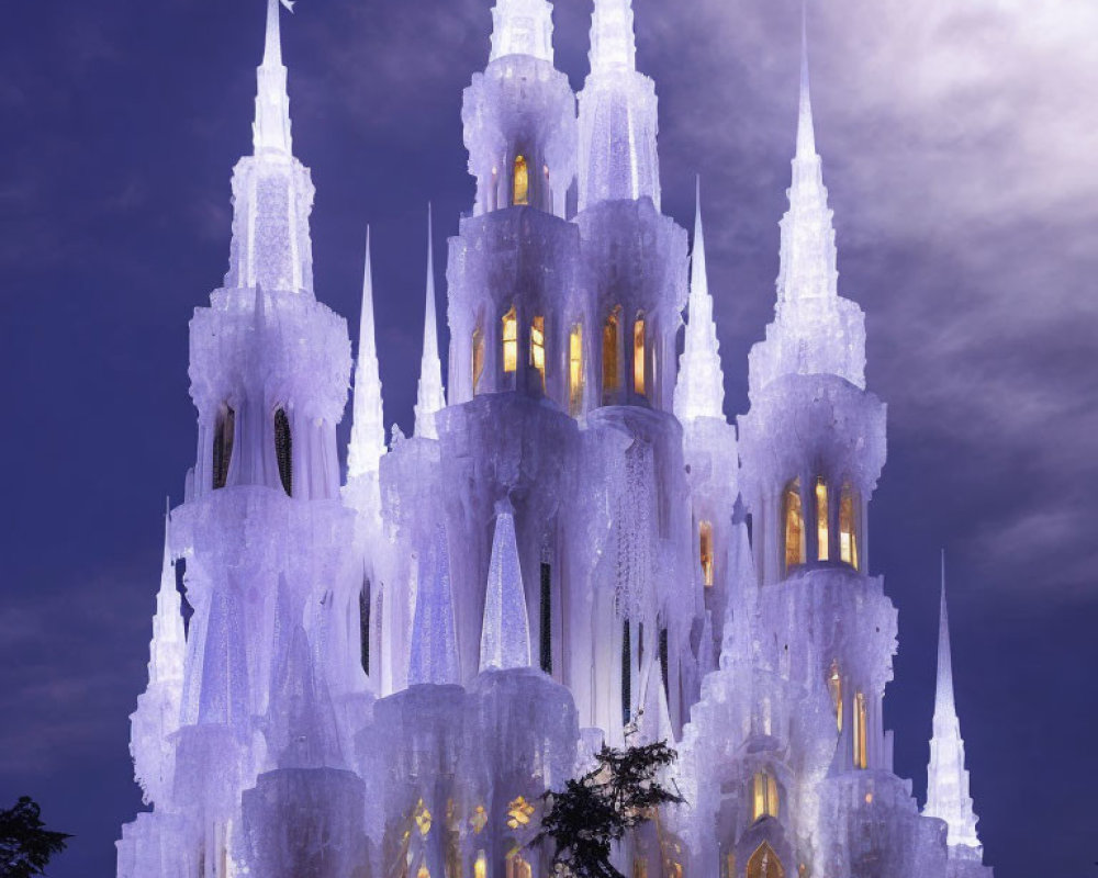 Illuminated ice castle with spires in twilight sky