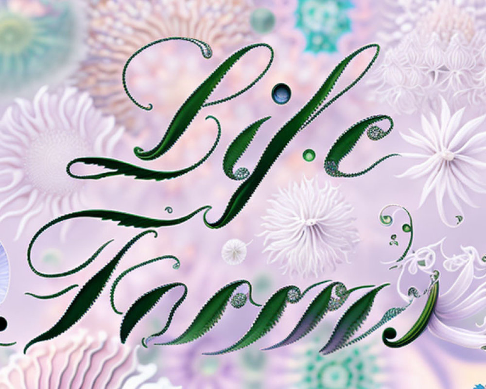 Elegant cursive "Life" text with white floral motifs on pastel background