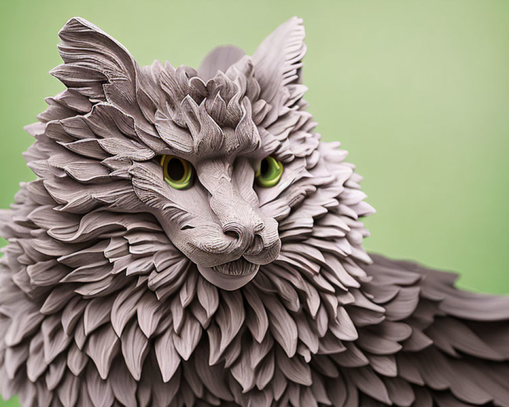 Intricate Cat Head Sculpture with Green Eyes on Soft Green Background
