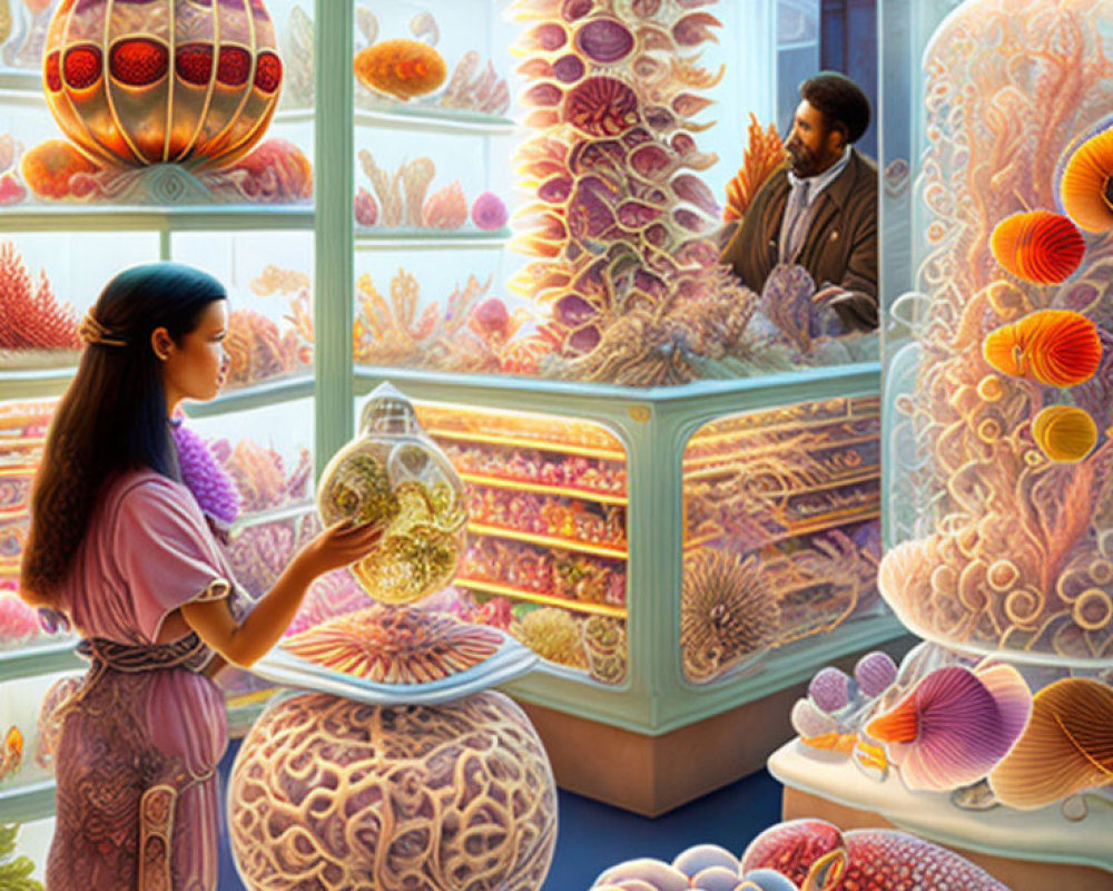 Fantastical shop illustration with vibrant orbs and marine life theme