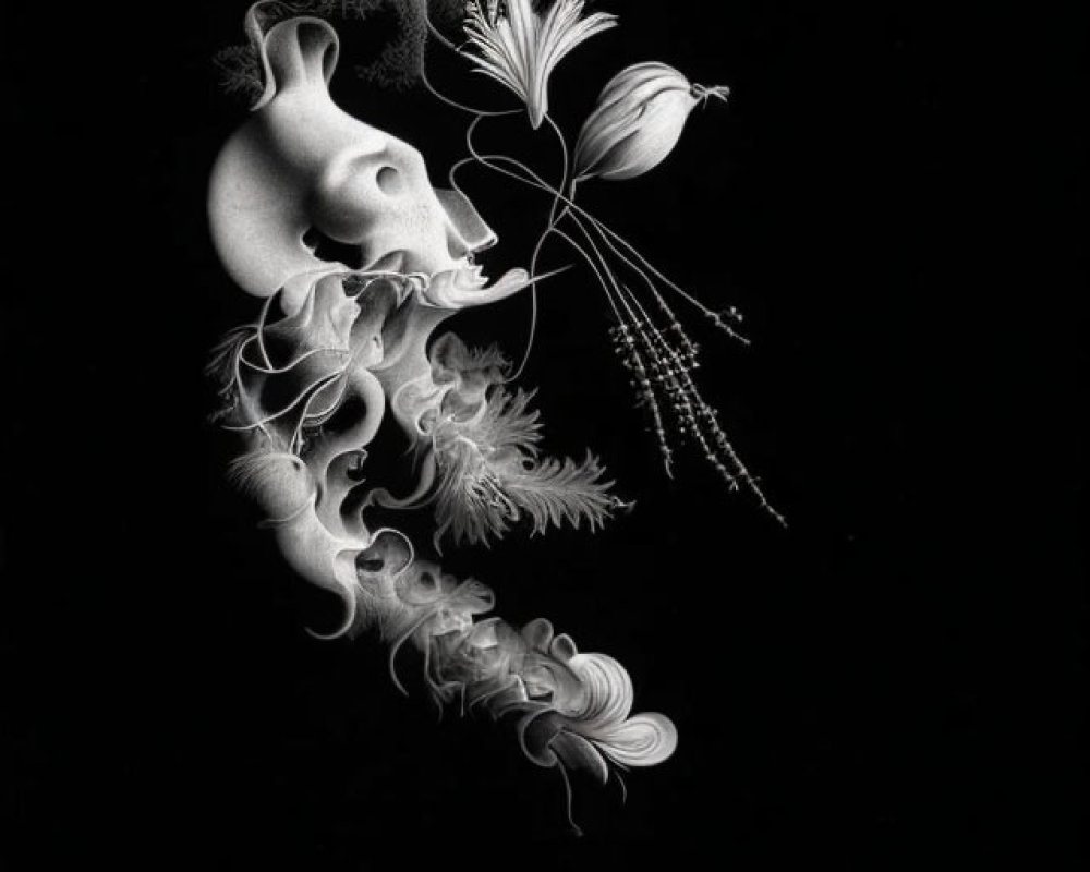 Abstract black-and-white organic shapes artwork with floral and sea creature motifs