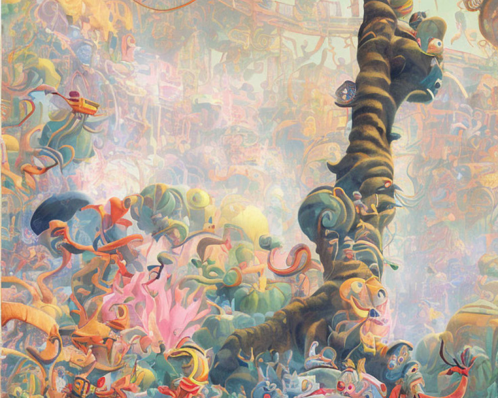 Colorful Fantasy Artwork with Whimsical Creatures & Mechanical Elements